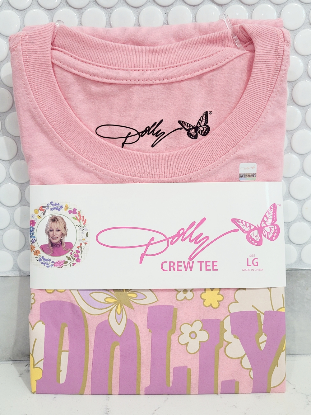 Dolly Parton Pink Crew Tee with Butterfly Floral Logo